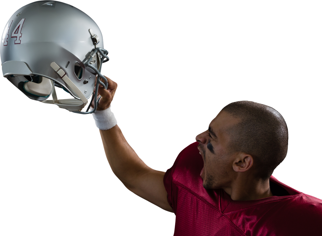 Energetic American Football Player Elevating Helmet in Winning Gesture Transparent Background - Download Free Stock Images Pikwizard.com