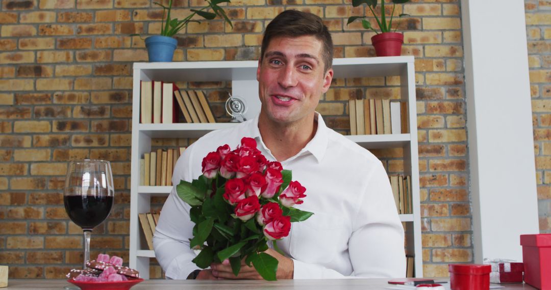 Man holding red roses smiling at camera while celebrating Valentine's Day - Free Images, Stock Photos and Pictures on Pikwizard.com