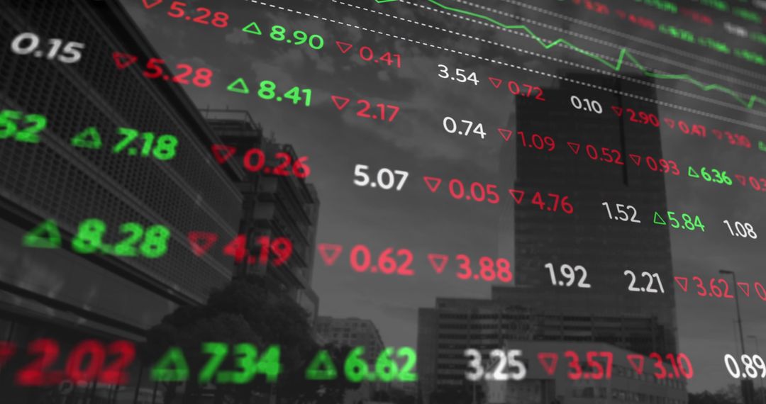 Digital Stock Ticker Overlay Displaying Market Data Over Glass Skyscrapers, Urban Skyline