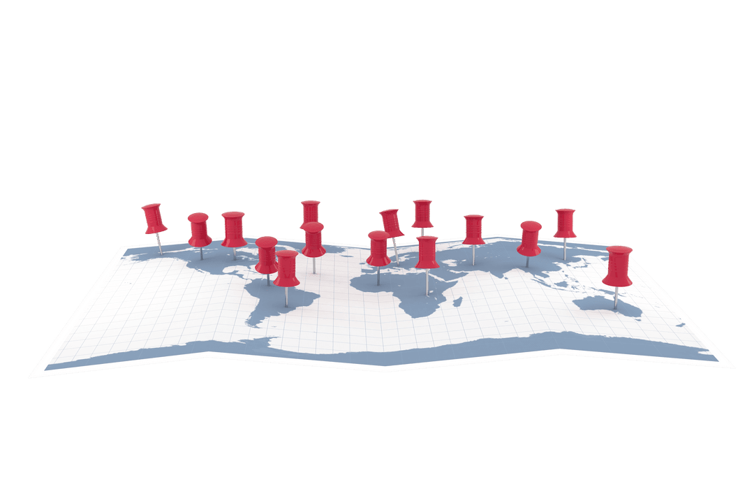 World Map with Red Pins on Transparent Background