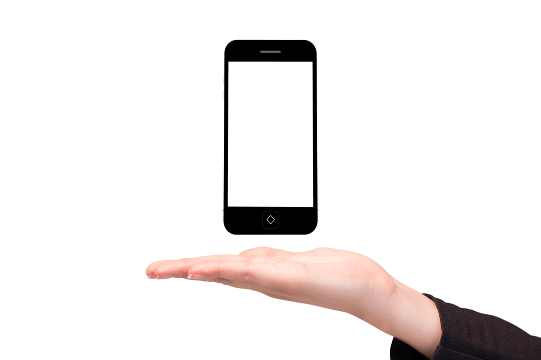 Woman Presenting Smartphone on Transparent Background