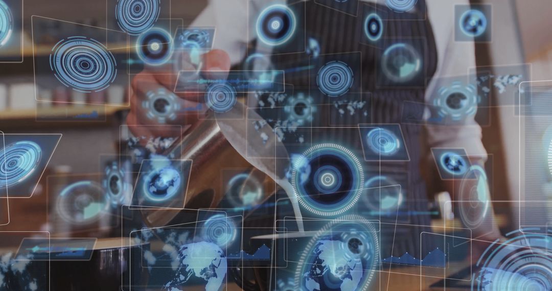 Barista Blending Expertly with Futuristic Tech Holograms