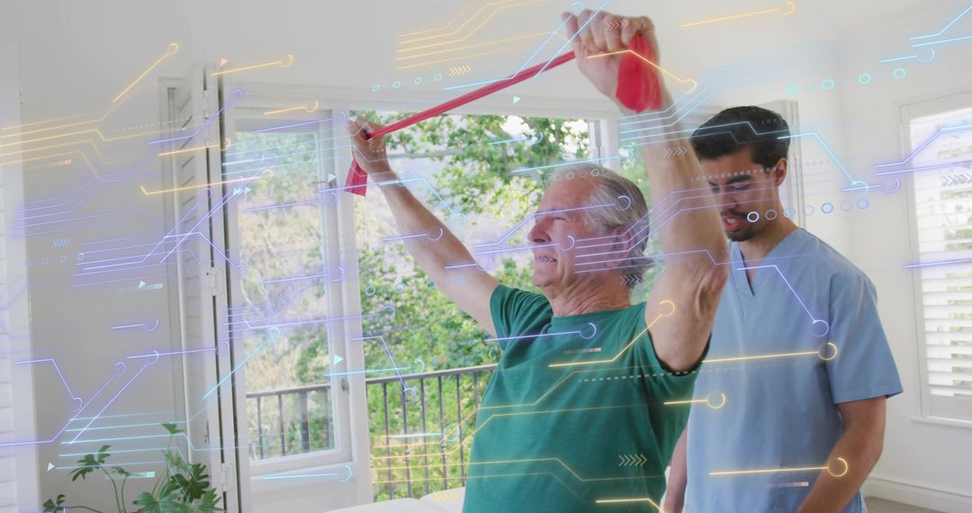 Senior Man Using Resistance Band With Therapist For Rehab and Functional Mobility
