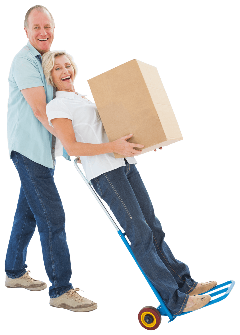 Transparent Fun Elderly Couple Moving Boxes Self-assured
