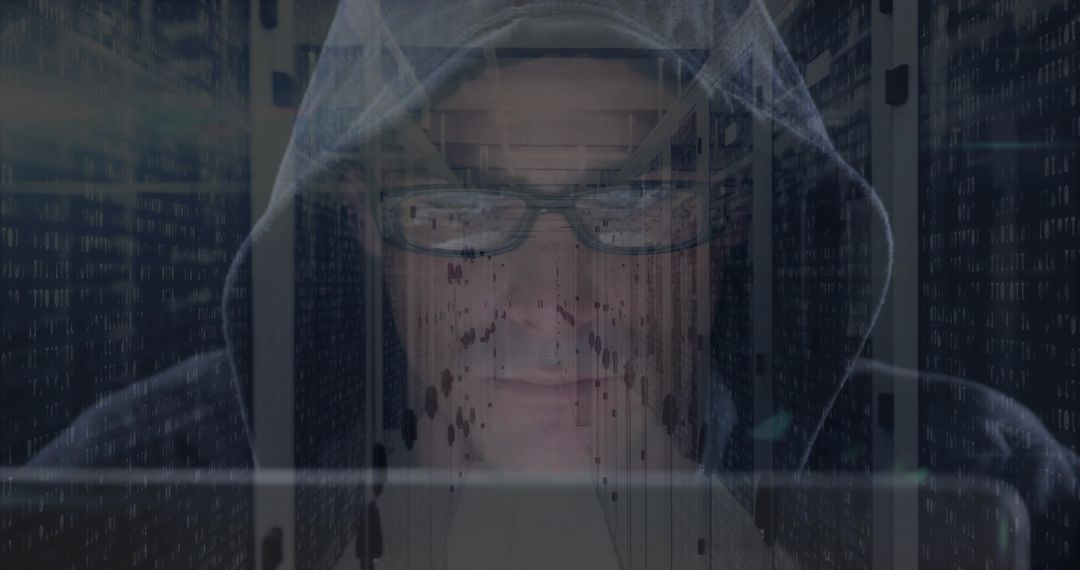 Hacker Wearing Hoodie Typing in Data Center with Code Overlay, Neon Glitch and Privacy Theme