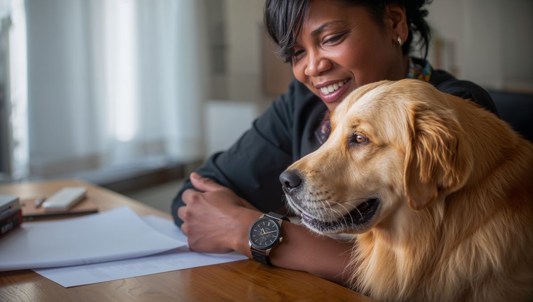 Smiling Woman Working at Home Office with Relaxed Golden Retriever