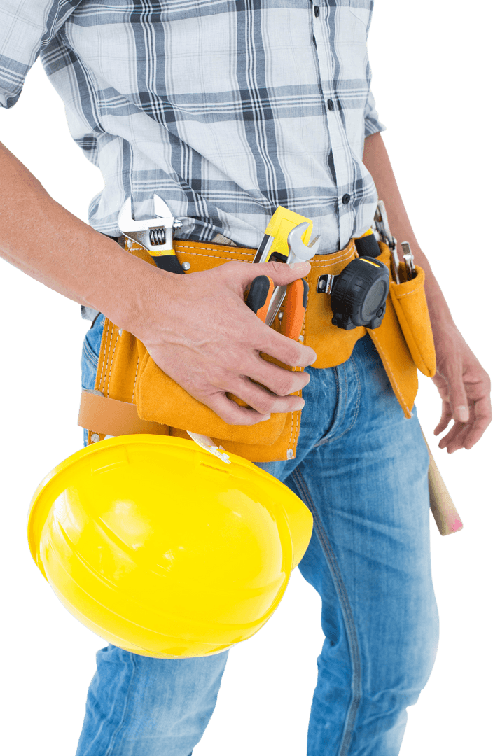 Technician with Tool Belt and Hard Hat Performing Work Tasks Transparent