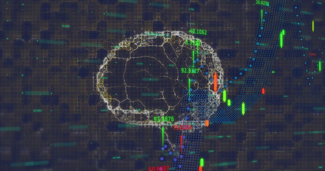 Futuristic Brain Concept with Digital Stock Analysis Visualization