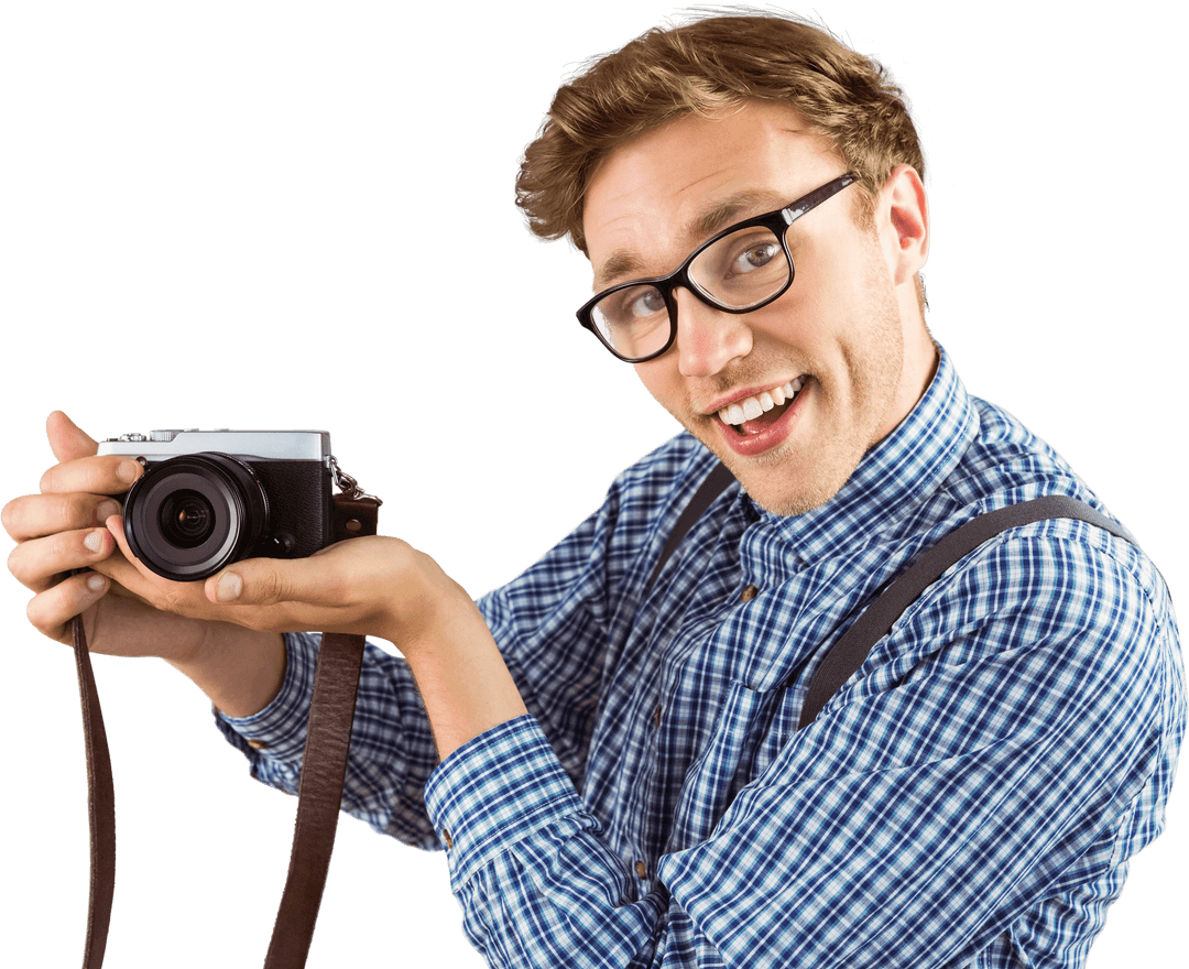 Transparent Hipster with Retro Camera Smiling