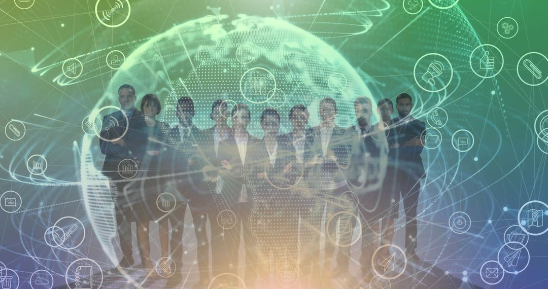 Business Team Standing Front Digital Globe Network Overlay
