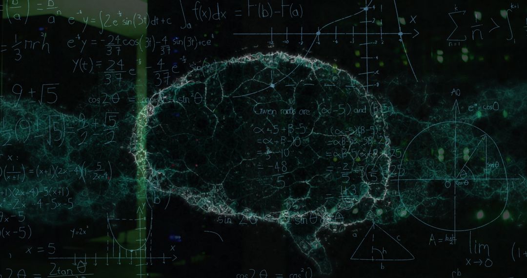 Digital Brain Overlay with Mathematical Equations and Technology Concept