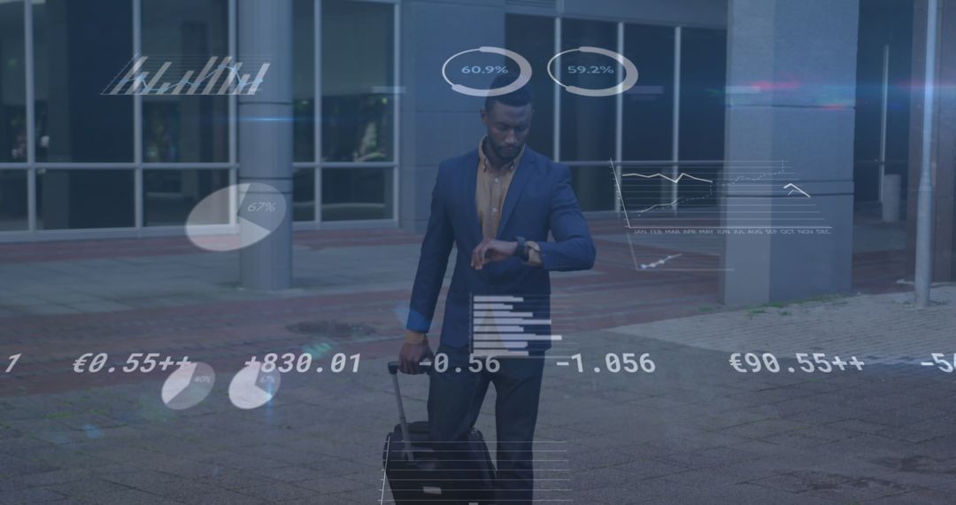 Businessman in Blue Suit Checking Time with Data Graphics Overlay