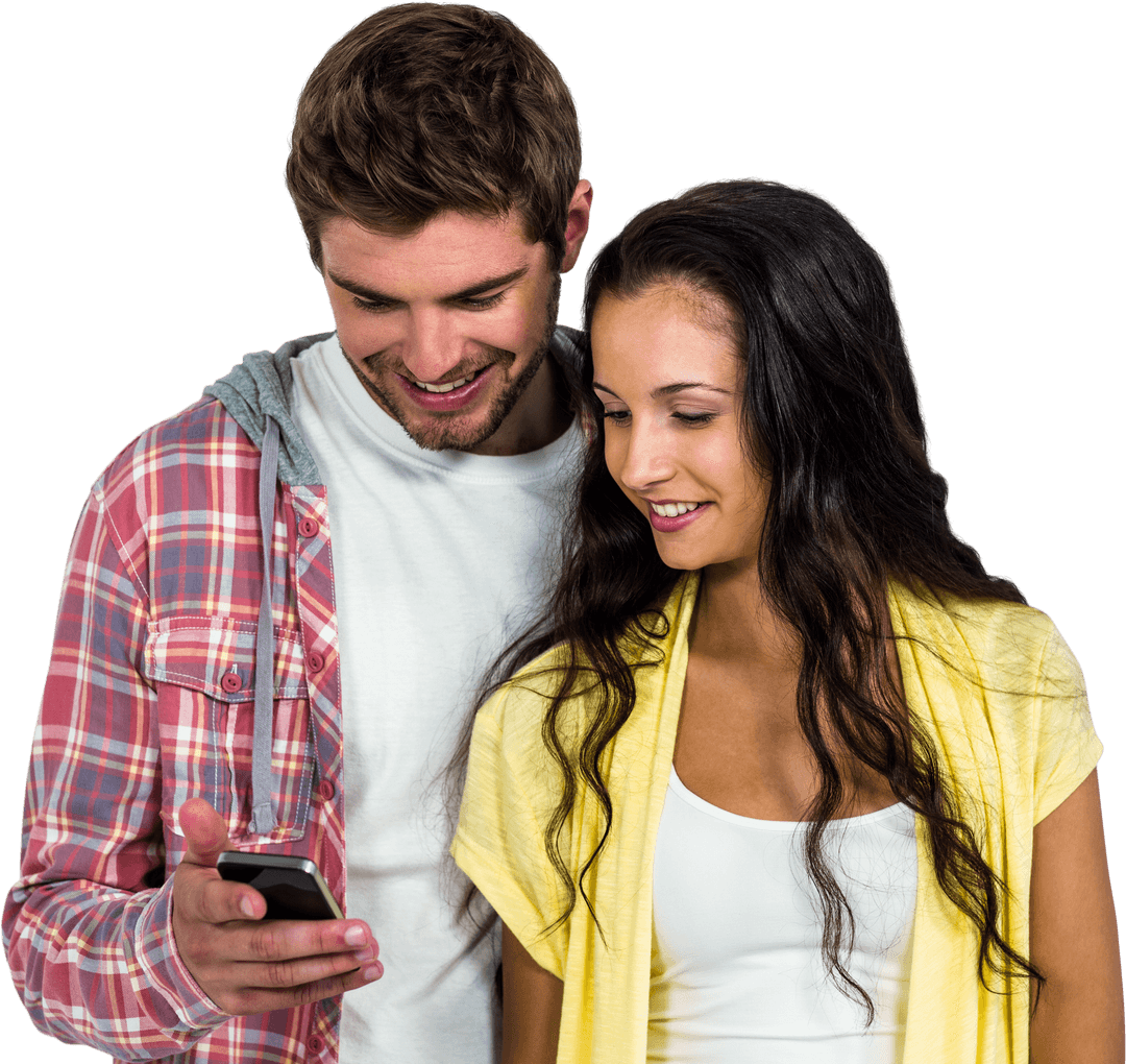 Smiling Couple Engaging with Smartphone, Transparent Background