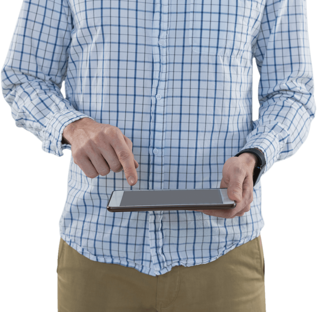 Transparent Image Caucasian Man Using Tablet for Digital Interaction
