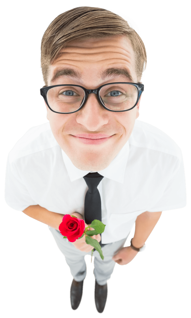 Geeky Hipster Holding Red Rose with Transparent Enthusiasm