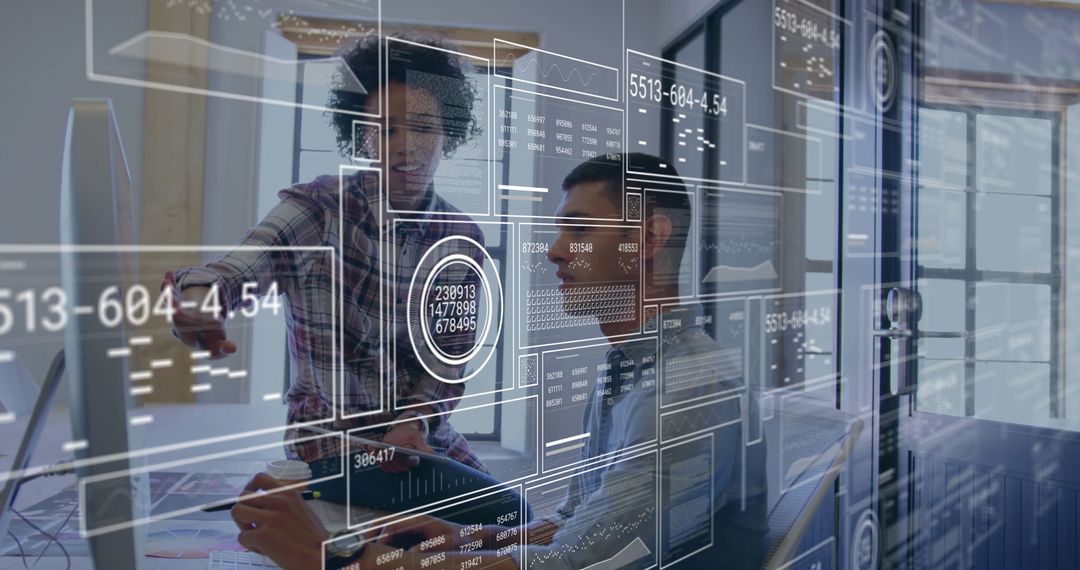 Innovative Professionals Using Futuristic Holograms in High-Tech Office