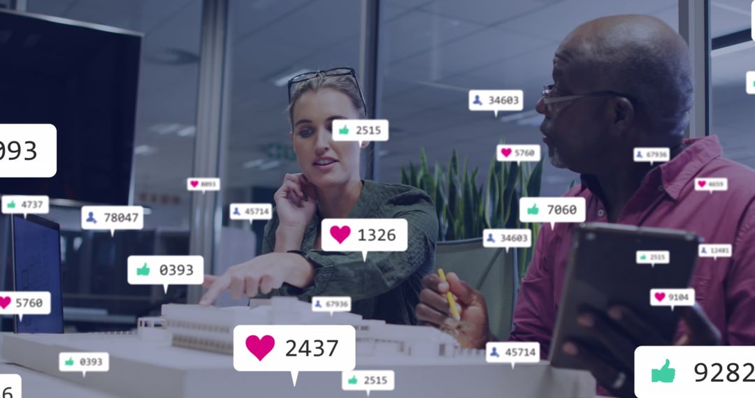 Diverse Architects Discussing 3D Model with Social Media Interaction