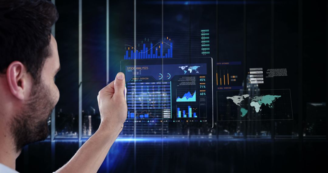 Man Using Futuristic Holographic Tablet in Modern Office