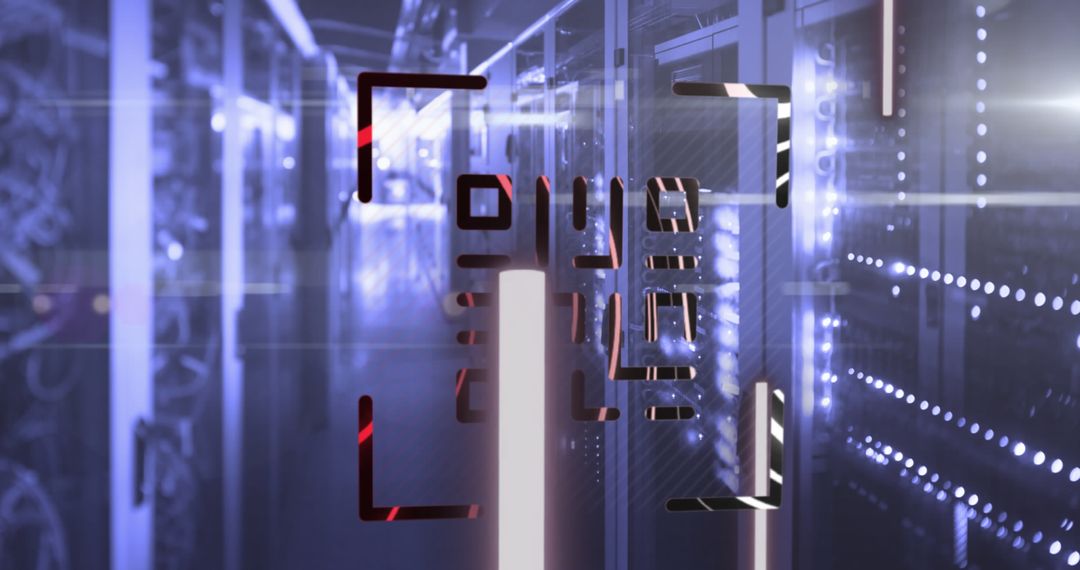 Futuristic QR Code with Neon Elements in Data Center Environment