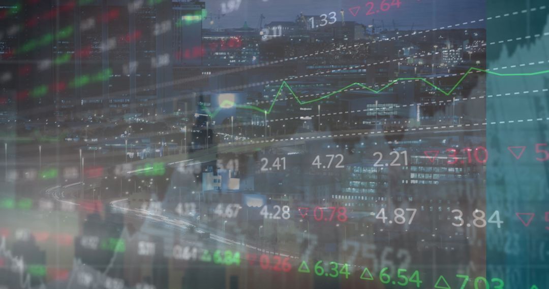 Digital Financial Analysis Above Dynamic Cityscape at Night