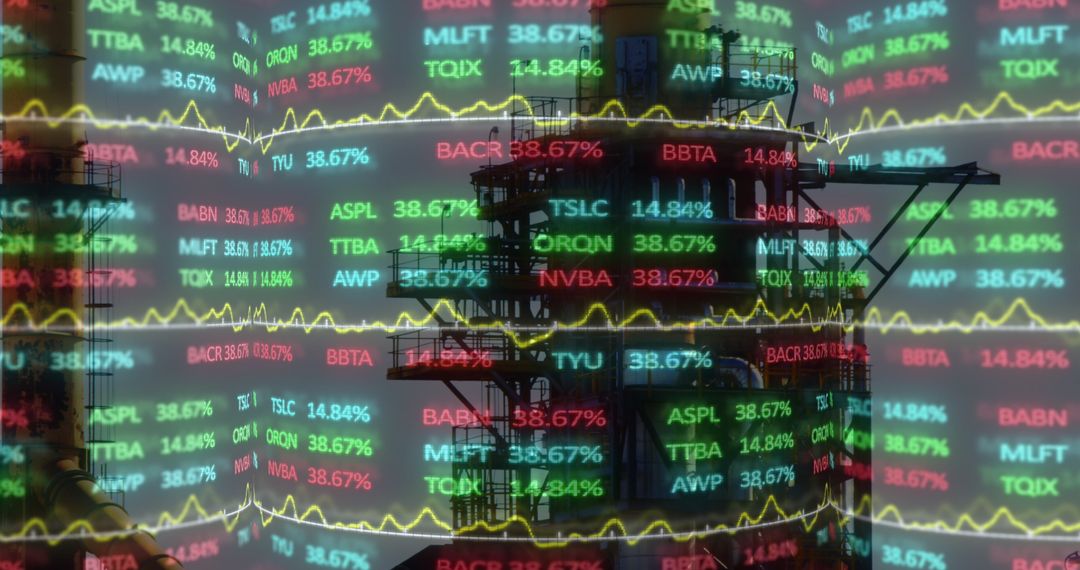 Digital Finance Data Overlaying Industrial Factory Chimneys