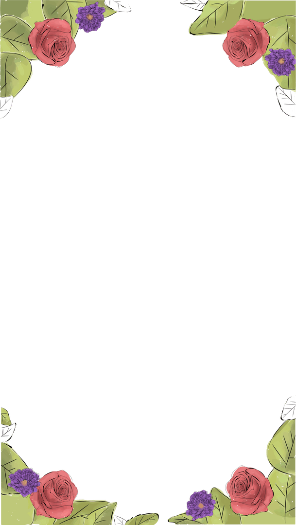 Transparent Frame with Red Roses Purple Daisies Green Leaves