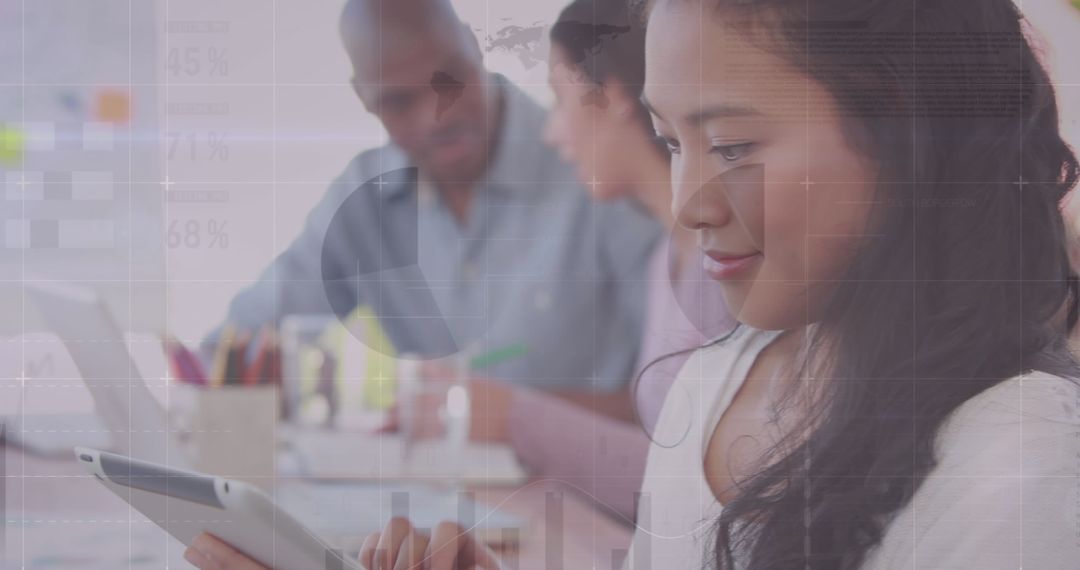 Businesswoman Using Tablet Amidst Financial Data Graphics