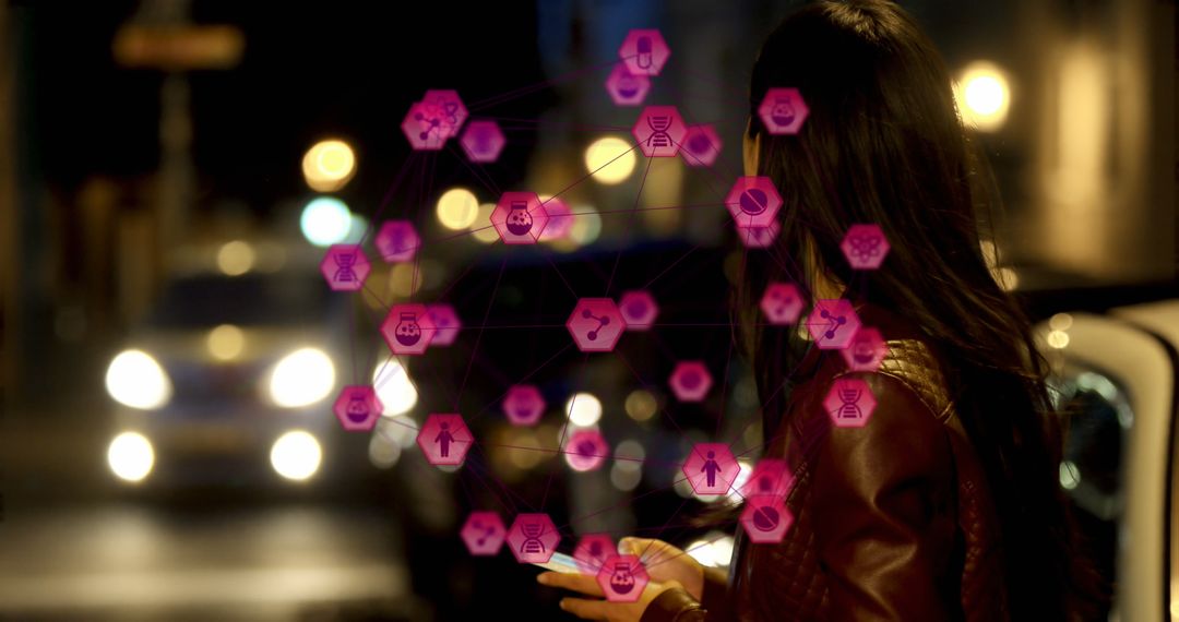 Woman Engaging with Digital Network Icons in Urban Setting