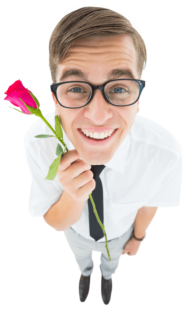 Geeky Hipster Smiling Holding Red Rose Transparent Background