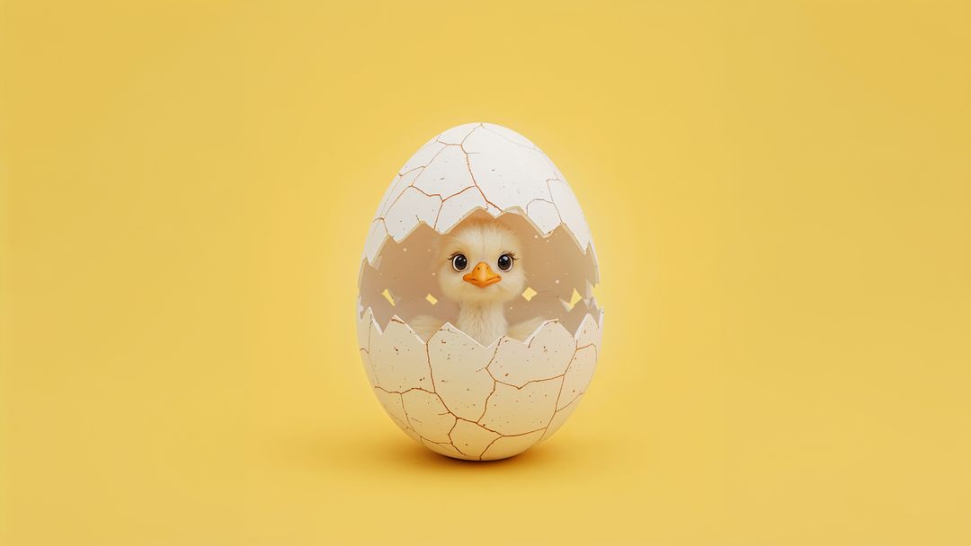 Adorable Fluffy Chick Emerging from Eggshell on Yellow Background
