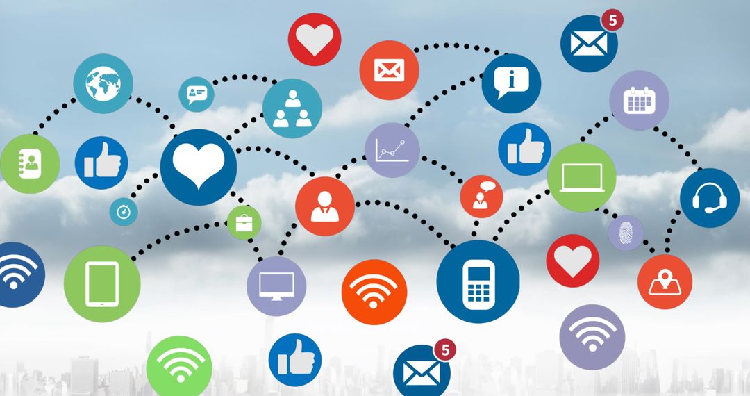 Social Media Network Icons Connected Against Cloudy Sky