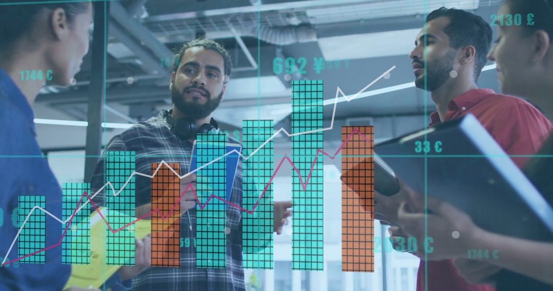 Diverse Business Team with Financial Data Overlay in Office