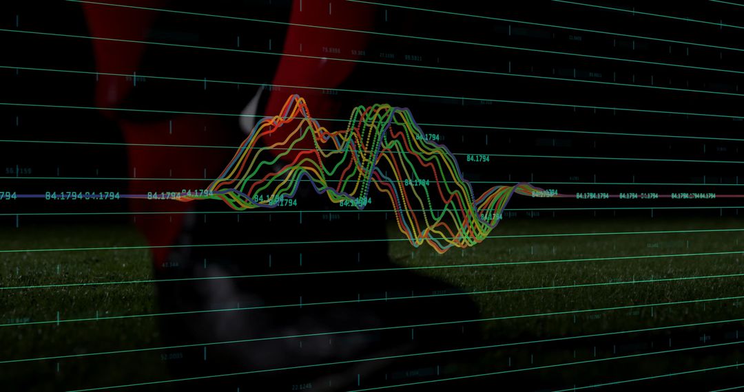Displaying multicolor waveform overlaying soccer turf with HUD telemetry and biomechanics