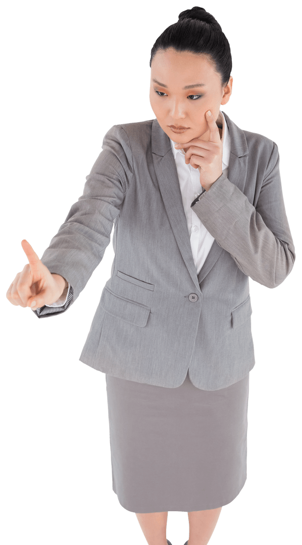 Transparent Businesswoman Pointing While Deep in Thought
