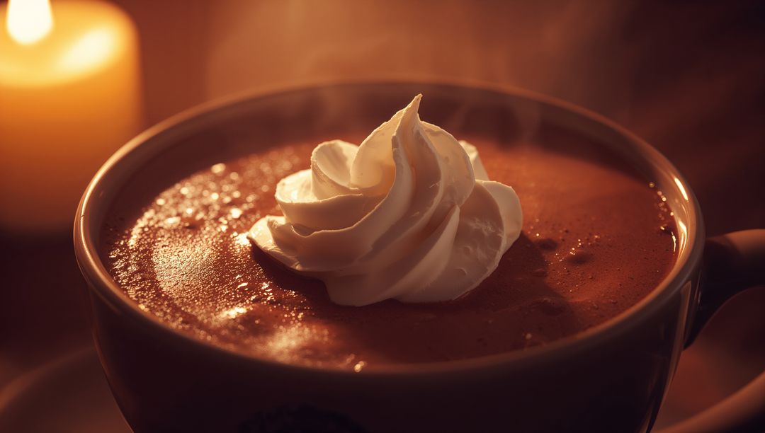 Warm Mug of Hot Chocolate with Whipped Cream and Candlelight