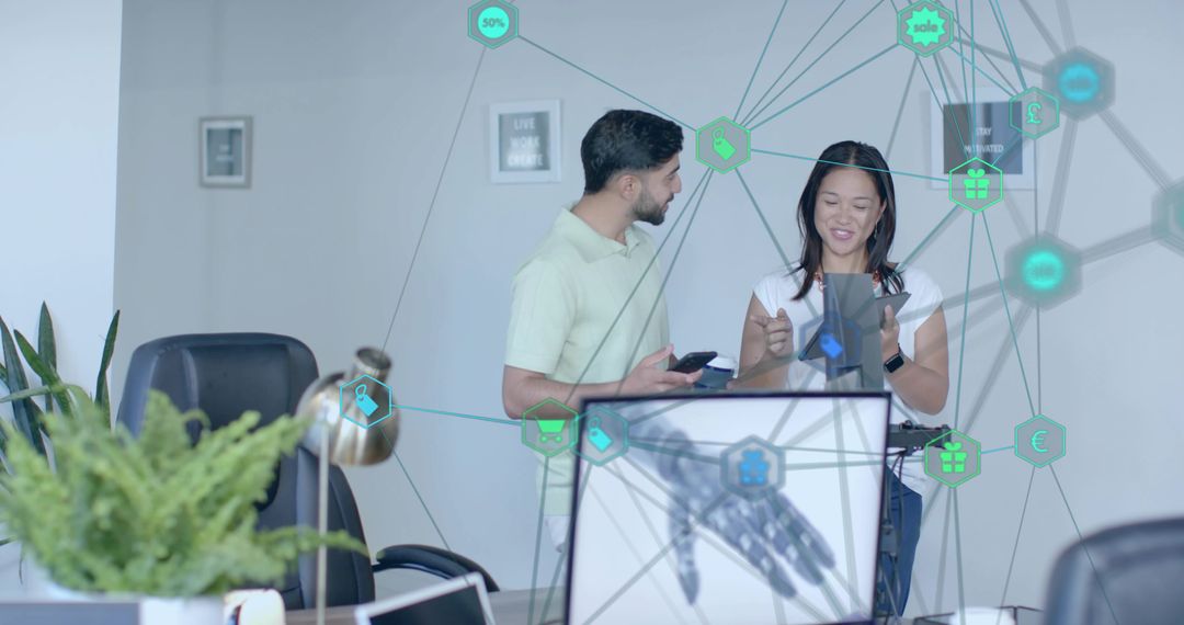 Business Team Collaborating with Futuristic Tech Elements