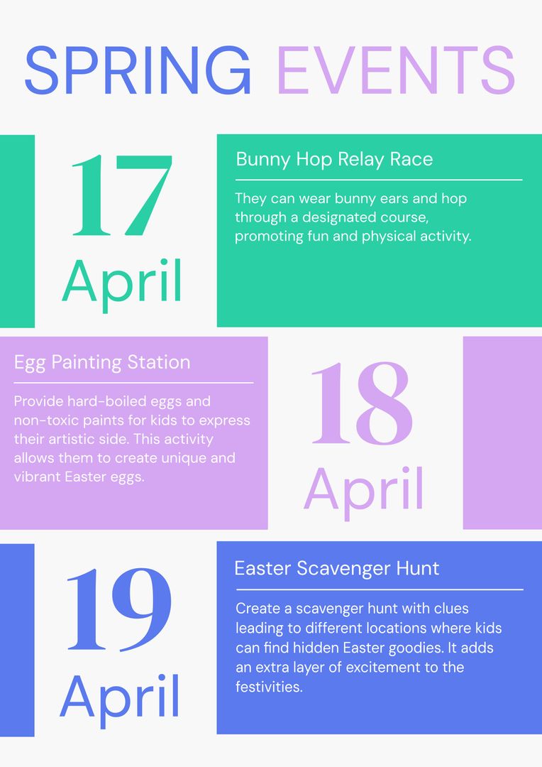 Spring Events Calendar Including Bunny Hop Relay, Egg Painting, and Scavenger Hunt - Download Free Stock Templates Pikwizard.com