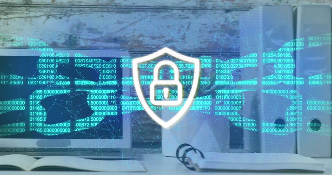 Cybersecurity Shield with Digital Code Overlay on Office Workspace
