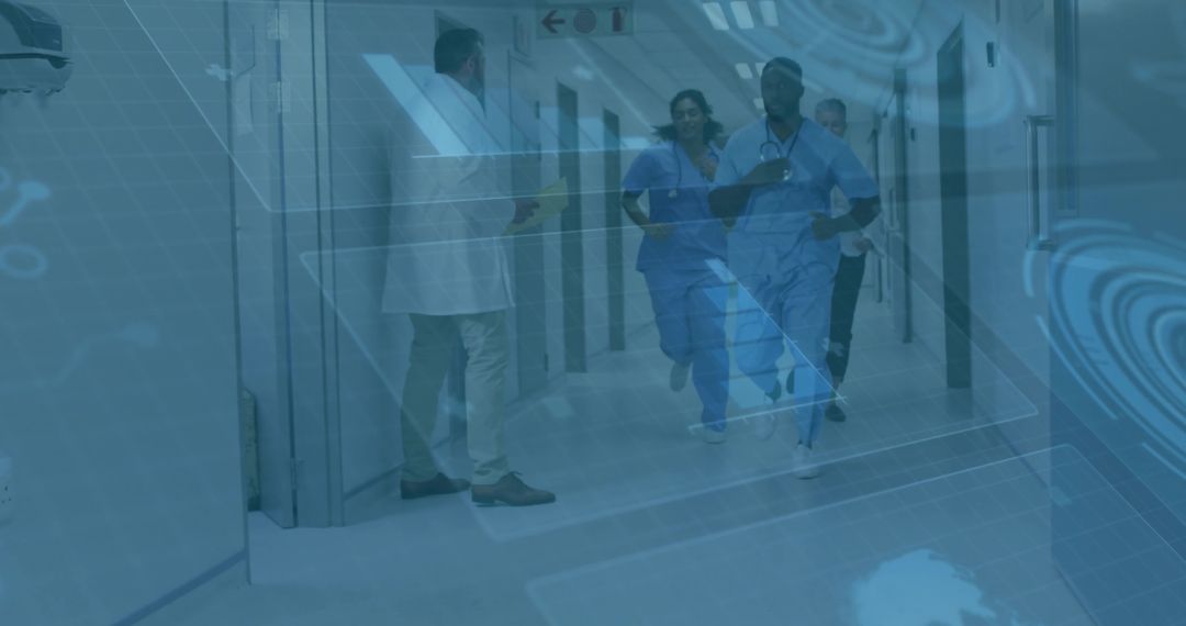 Diverse Medical Team Running in Hospital Corridor for Emergency Response
