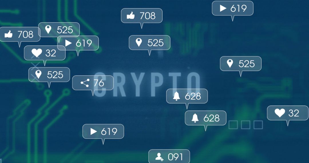 Digital Circuitry Interface with Floating Social Media Icons and Crypto Text