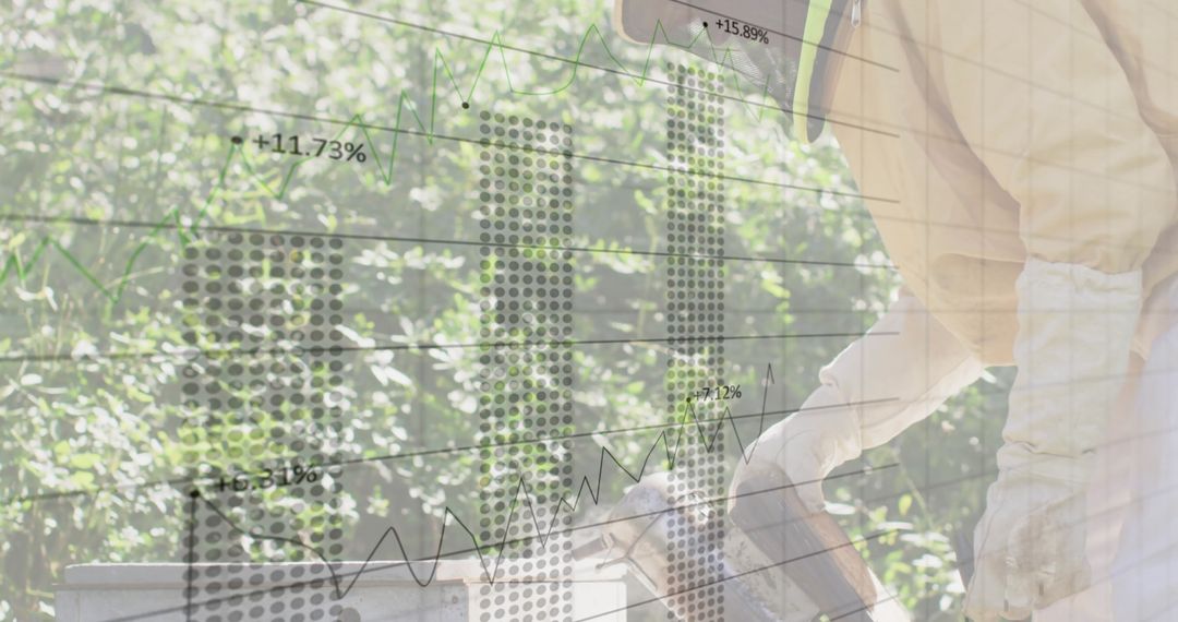 Beekeeper Analyzing Hive with Data Overlay in Lush Garden