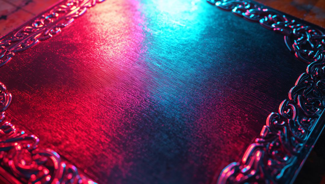 Ornate Metallic Tray with Chain-Link Border and Colorful Light Reflections