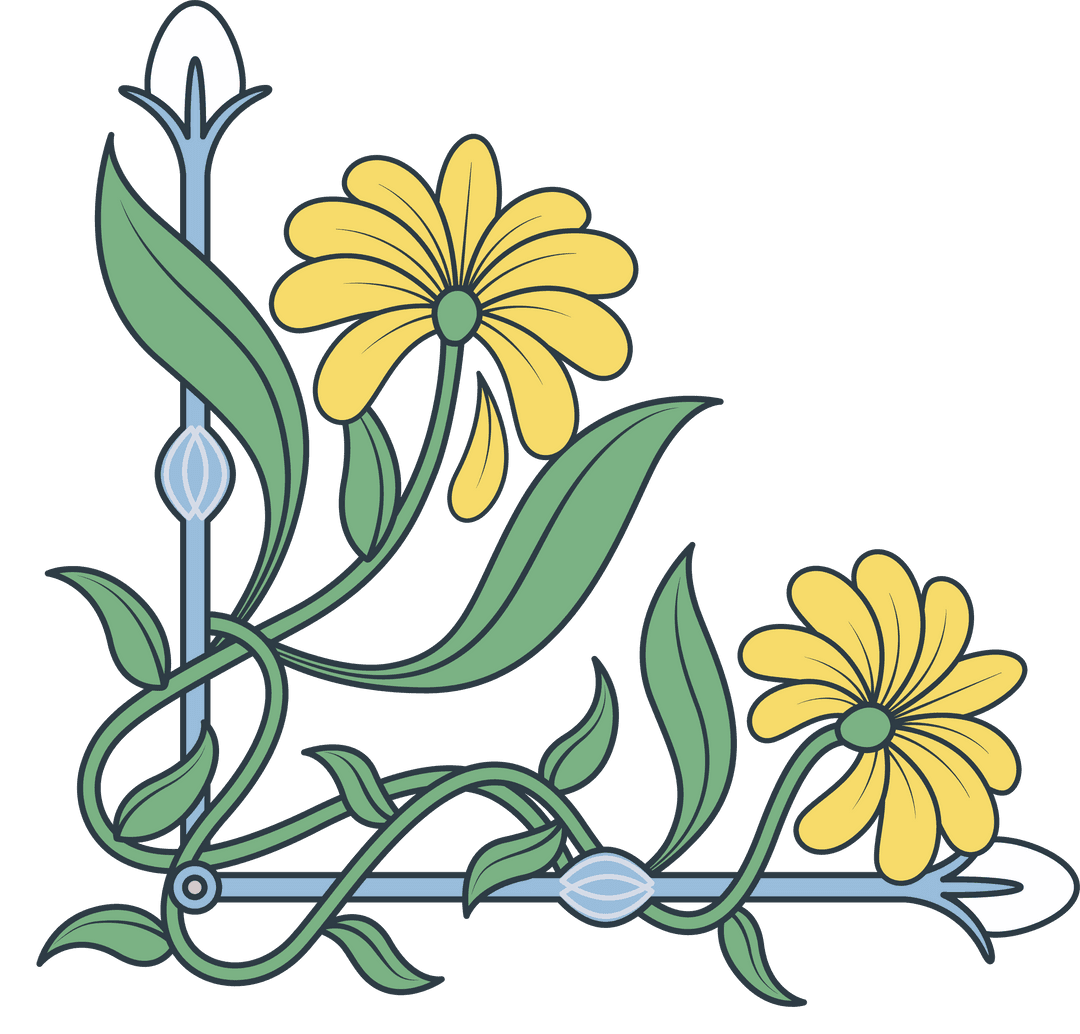 Floral Vine with Yellow Daisies in L-Shape on Transparent Background
