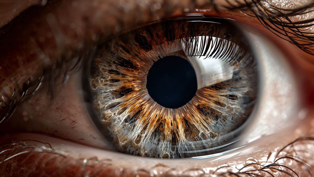 Macro close-up of brown hazel iris revealing intricate texture, pupil reflection detail