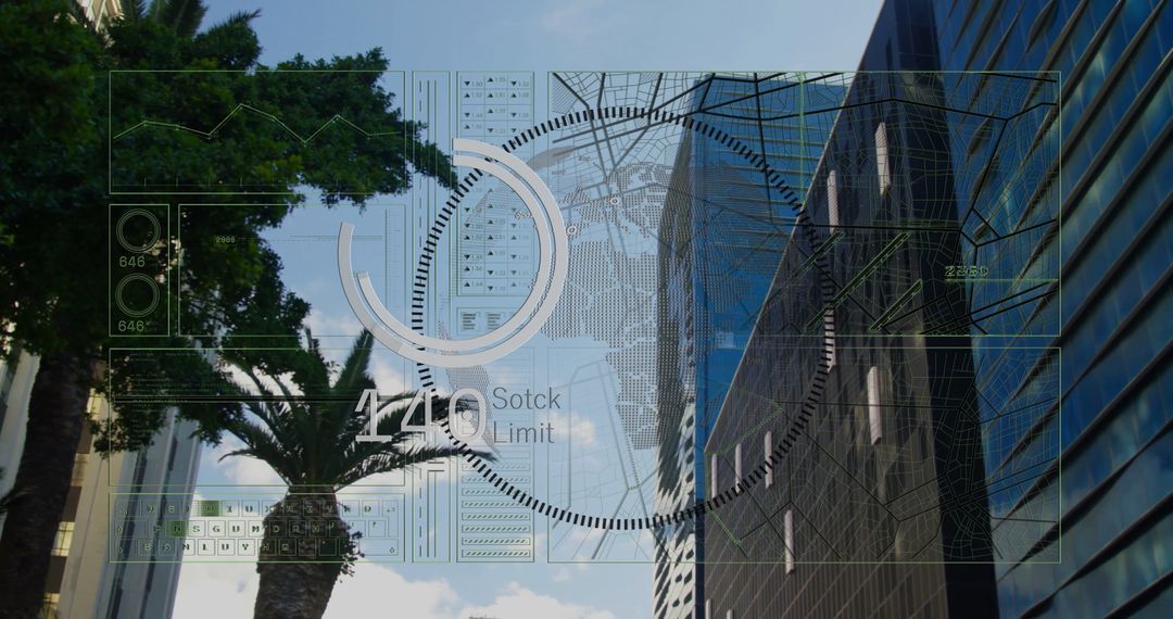 Futuristic Digital HUD Above City Skyscrapers with Palm Trees