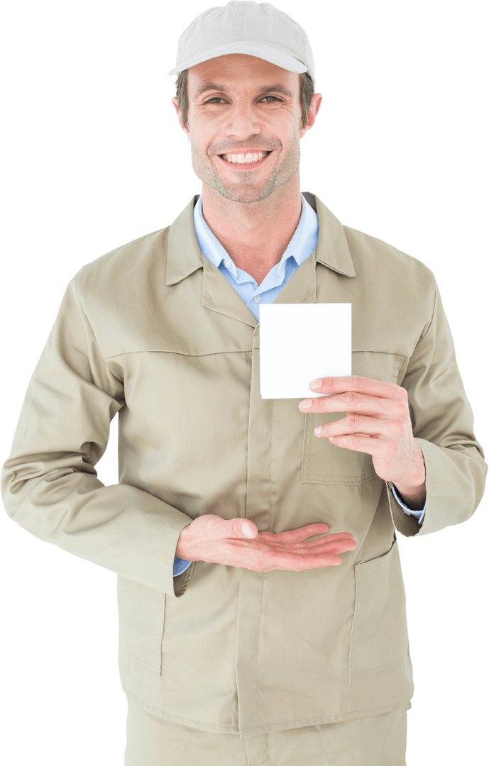 Smiling Delivery Worker Holding Blank Transparent Note for Message