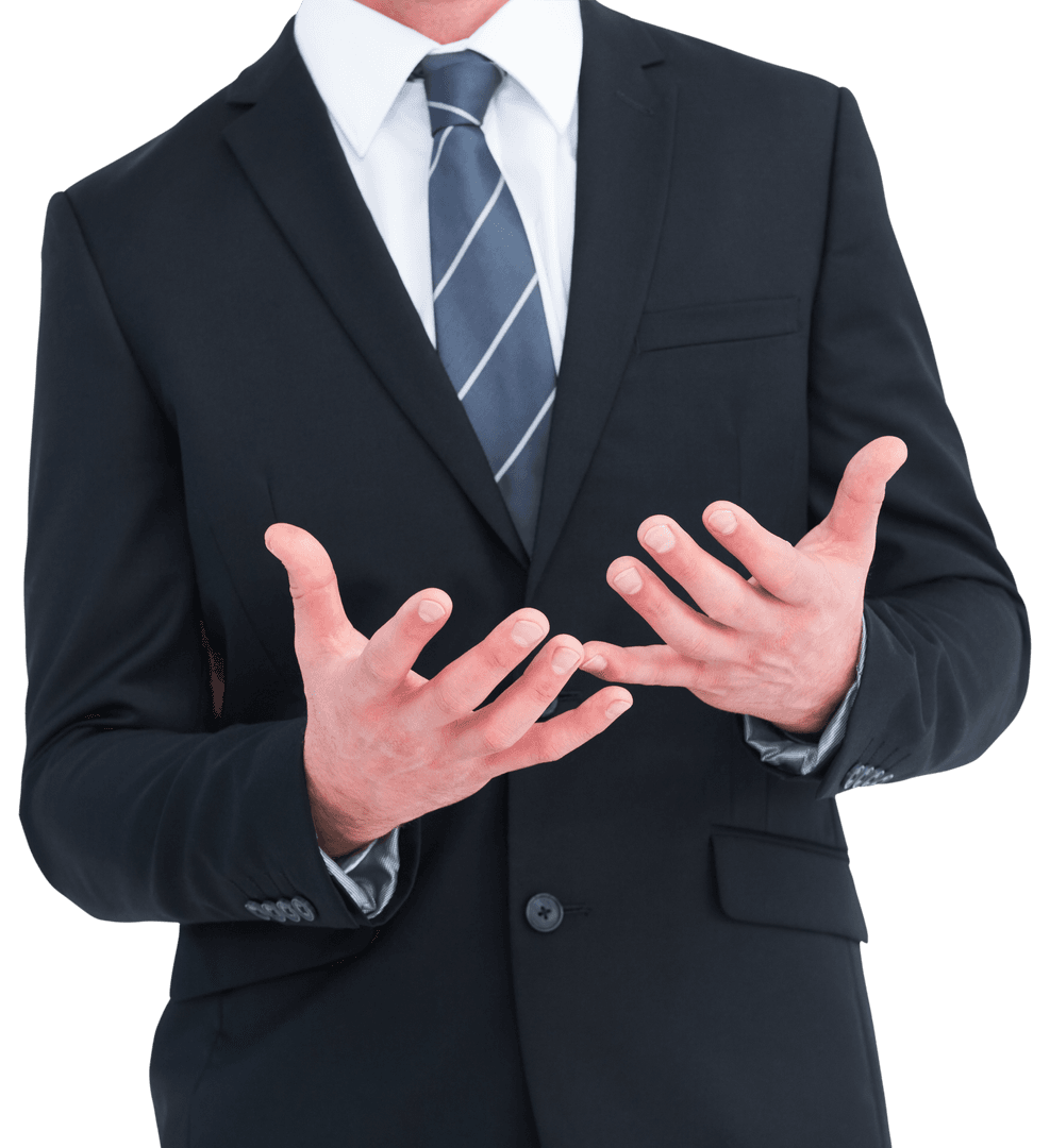 Transparent Businessman Gesturing Confidently with Hands