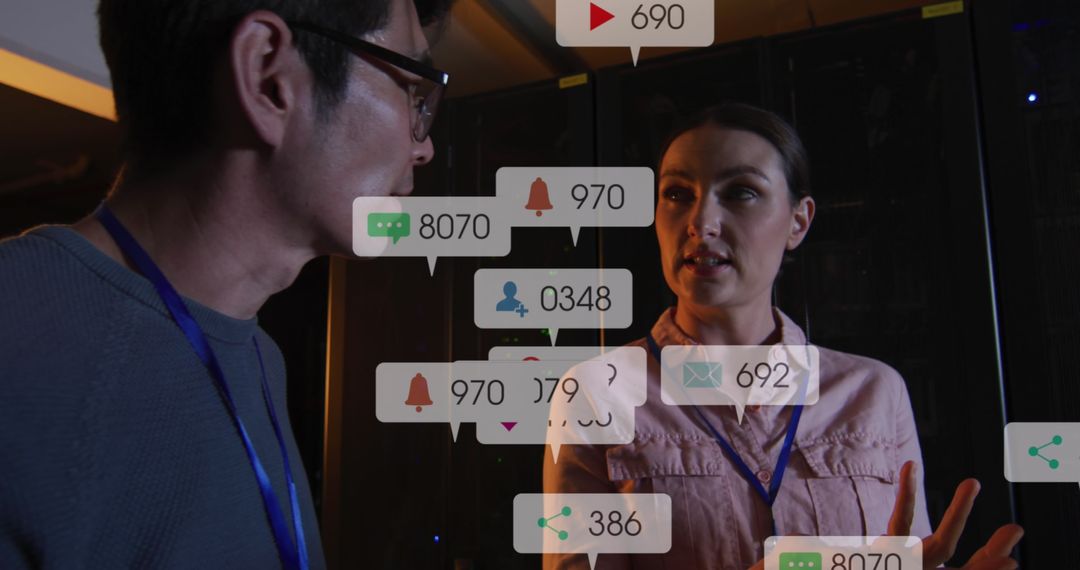 Coworkers Analyzing Social Media Insights in Hi-Tech Server Room