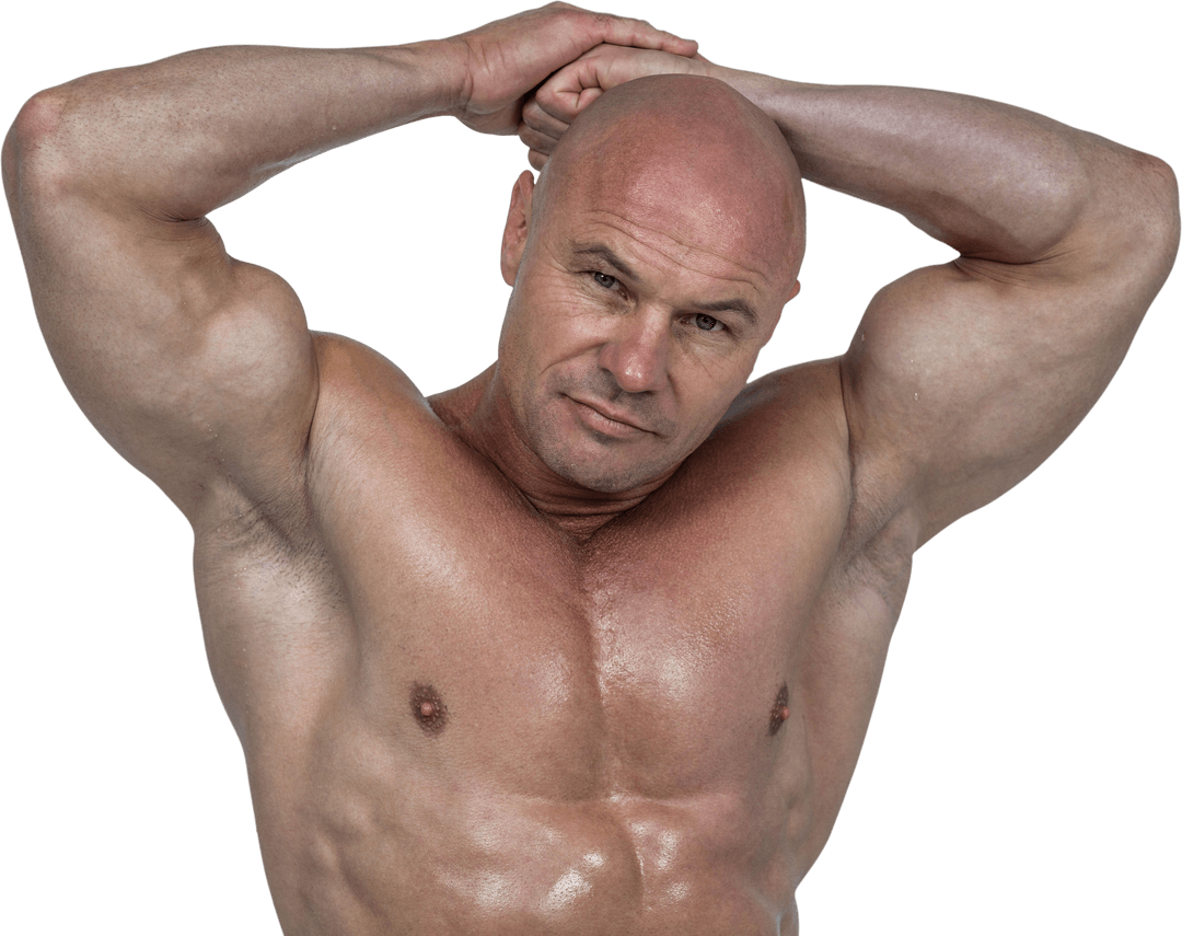 Transparent male bodybuilder posing with hands behind head
