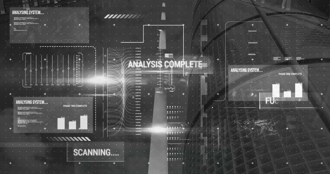 Futuristic Data Processing with Cityscape Backdrop